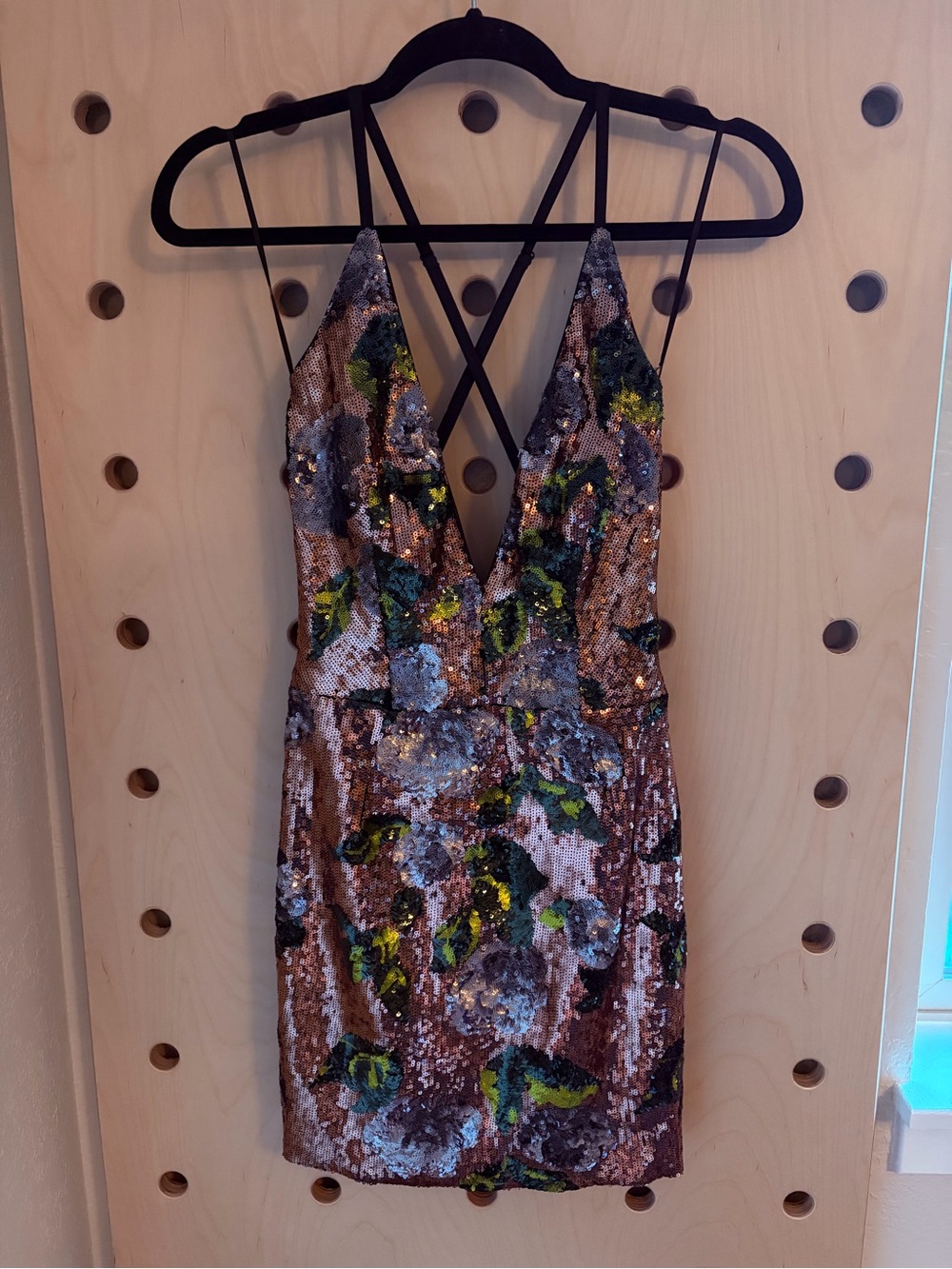 Sequin Plunge V-Neck Mini Dress in Pink and Green